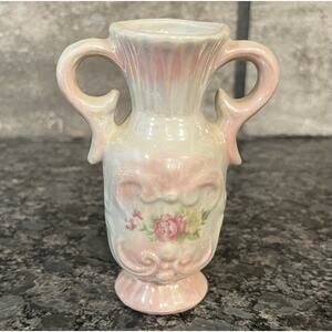 Vintage WBI Ceramic Bud Vase w/Handles Pink Iridescent Lusterware 4 1/4”